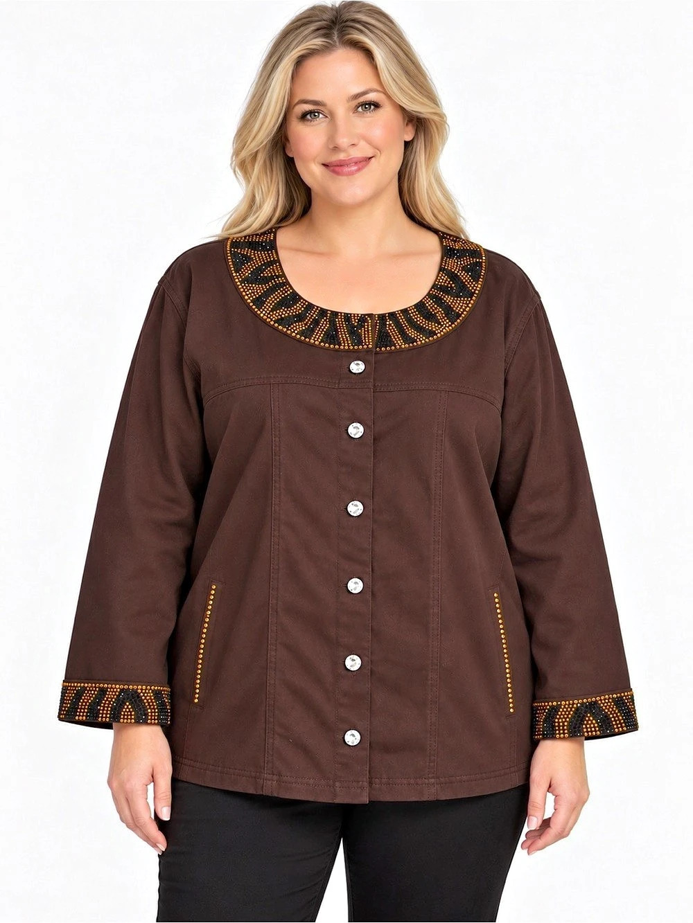 Quacker Factory Jacket Women 2X Brown  Rhinestone Animal Print Stretch Cotton